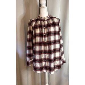 LOFT Plaid Ruffle Neck Flannel Blouse Top Size M Ivory Maroon Black Soft